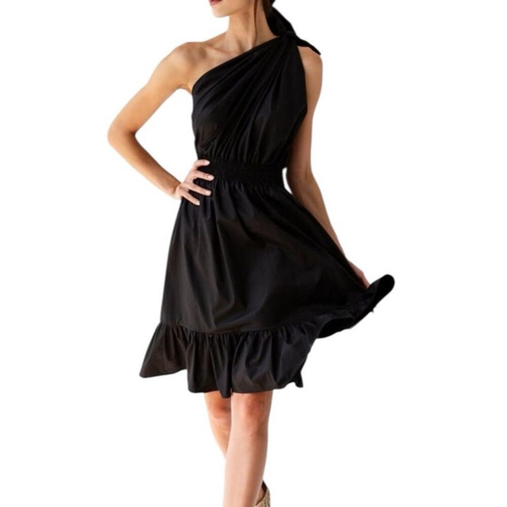 Monica Nera Demi Black Midi A-line Eco-cotton Cocktail Dress Small Wedding Guest